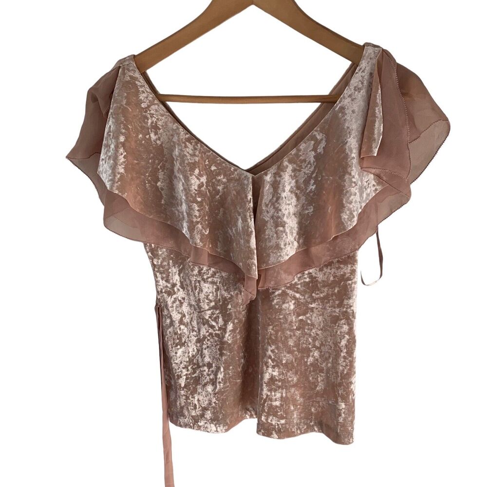 White House Black Market Top Womens Sz XXSP Velvet Flounce Antique Blush w Belt - Picture 1 of 5